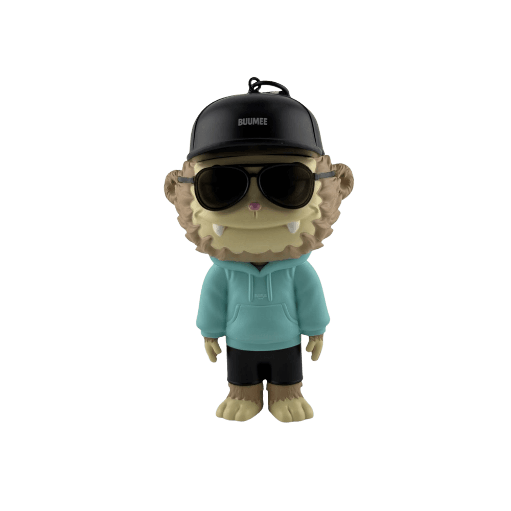 BUUMEE Genesis toy, front view with black cap, sunglasses and blue hoodie