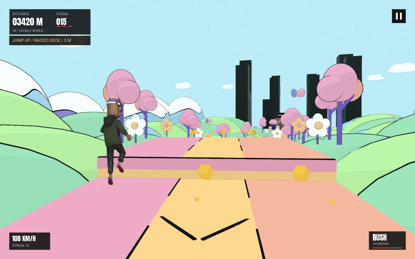 NOID RUNNER on the pastel track in Doodle World, surrounded by flowers, butterflies and rolling hills